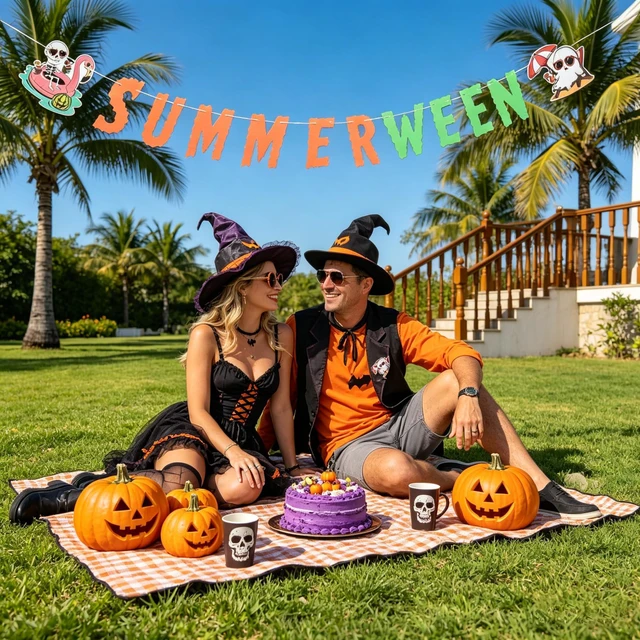 Alt view image 6 of 7 - Summerween Banner Decor Halloween Summer Garland Party Decoration | Orange Green Summerween Banner Decorations for Hawaiian Luau Beach Party Supplies Spooky Halloween Summer Decor Home Outdoor