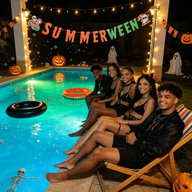 Alt view image 5 of 7 - Summerween Banner Decor Halloween Summer Garland Party Decoration | Orange Green Summerween Banner Decorations for Hawaiian Luau Beach Party Supplies Spooky Halloween Summer Decor Home Outdoor