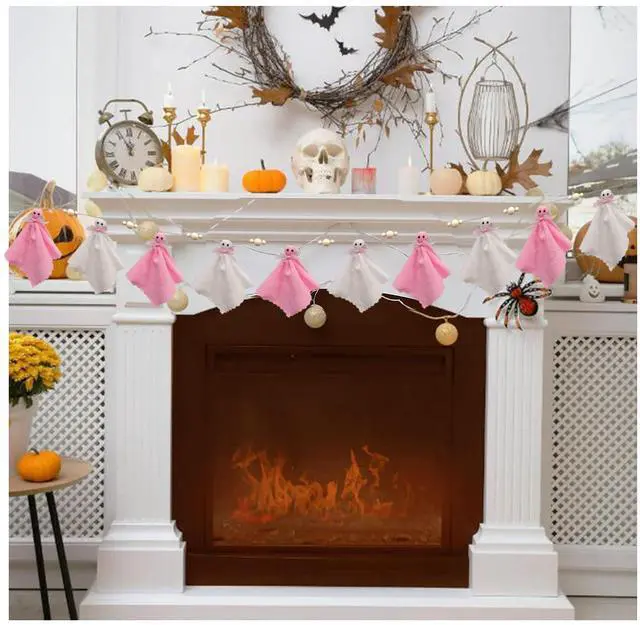 Main image of 8.2Ft Halloween Ghost Garland Decoration Handmade Cute Ghosts with Pink Bow White Mantle Ghost Banner with Wooden Beads Small Spooky Hanging Decor for Halloween Home Party (Pink+White)