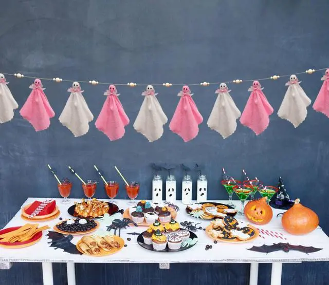 Alt view image 3 of 4 - 8.2Ft Halloween Ghost Garland Decoration Handmade Cute Ghosts with Pink Bow White Mantle Ghost Banner with Wooden Beads Small Spooky Hanging Decor for Halloween Home Party (Pink+White)