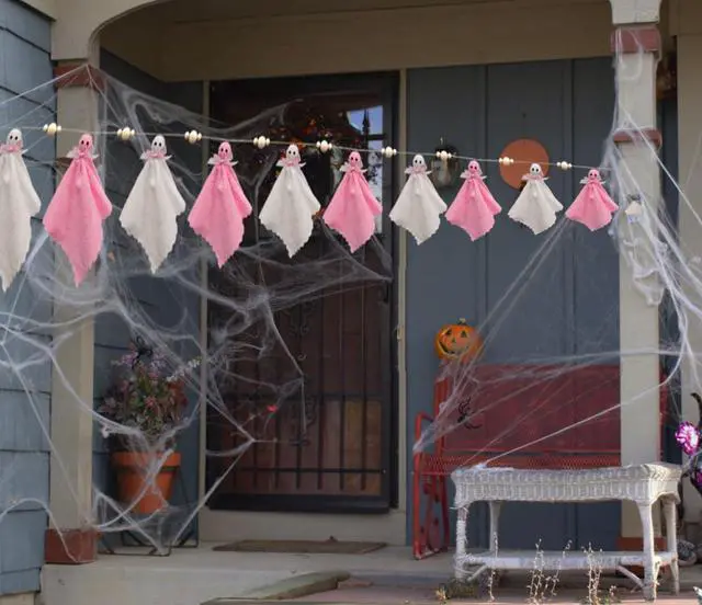 Alt view image 4 of 4 - 8.2Ft Halloween Ghost Garland Decoration Handmade Cute Ghosts with Pink Bow White Mantle Ghost Banner with Wooden Beads Small Spooky Hanging Decor for Halloween Home Party (Pink+White)