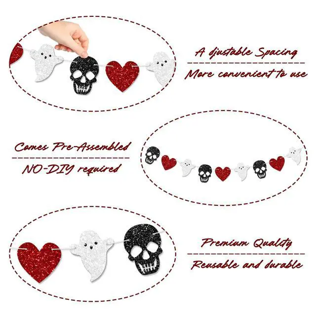 Alt view image 4 of 7 - 2pcs Skull Ghost Garland for Halloween Party Decorations, Black/Silver/Red Skeleton Garland for Halloween Gothic Birthday Party Decorations, No DIY.