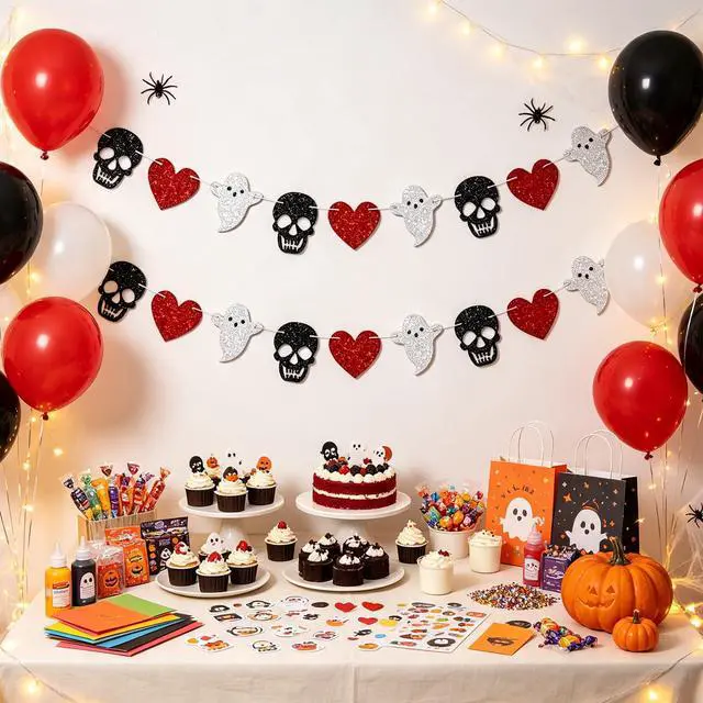 Alt view image 5 of 7 - 2pcs Skull Ghost Garland for Halloween Party Decorations, Black/Silver/Red Skeleton Garland for Halloween Gothic Birthday Party Decorations, No DIY.