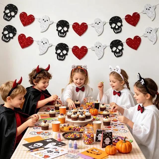 Alt view image 6 of 7 - 2pcs Skull Ghost Garland for Halloween Party Decorations, Black/Silver/Red Skeleton Garland for Halloween Gothic Birthday Party Decorations, No DIY.