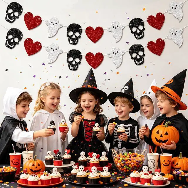 Alt view image 7 of 7 - 2pcs Skull Ghost Garland for Halloween Party Decorations, Black/Silver/Red Skeleton Garland for Halloween Gothic Birthday Party Decorations, No DIY.