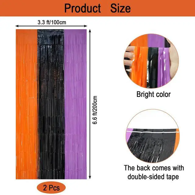 Alt view image 2 of 7 - 2 Pack Halloween Backdrop Orange Black Purple Foil Fringe Curtains. | 3.3 FT x 6.6 FT Tinsel Party Streamers for Door Decor Photo Booth Props Halloween Decorations.