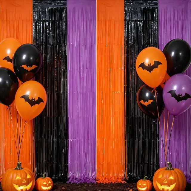 Alt view image 4 of 7 - 2 Pack Halloween Backdrop Orange Black Purple Foil Fringe Curtains. | 3.3 FT x 6.6 FT Tinsel Party Streamers for Door Decor Photo Booth Props Halloween Decorations.