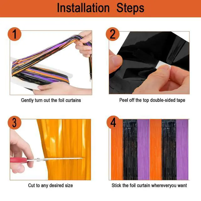 Alt view image 3 of 7 - 2 Pack Halloween Backdrop Orange Black Purple Foil Fringe Curtains. | 3.3 FT x 6.6 FT Tinsel Party Streamers for Door Decor Photo Booth Props Halloween Decorations.