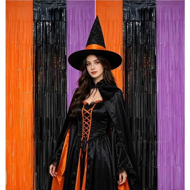 Alt view image 6 of 7 - 2 Pack Halloween Backdrop Orange Black Purple Foil Fringe Curtains. | 3.3 FT x 6.6 FT Tinsel Party Streamers for Door Decor Photo Booth Props Halloween Decorations.