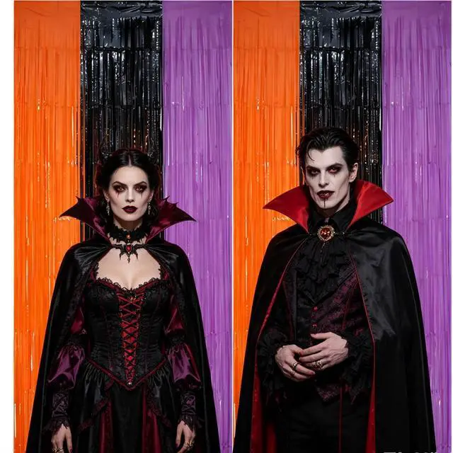 Alt view image 5 of 7 - 2 Pack Halloween Backdrop Orange Black Purple Foil Fringe Curtains. | 3.3 FT x 6.6 FT Tinsel Party Streamers for Door Decor Photo Booth Props Halloween Decorations.