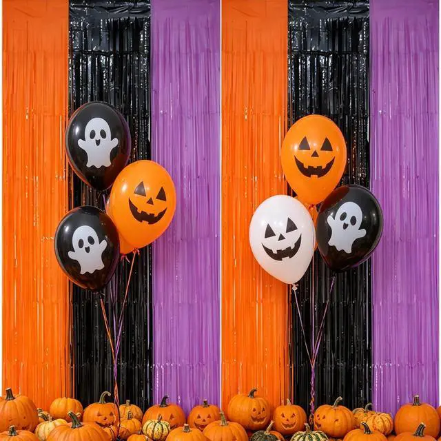 Alt view image 7 of 7 - 2 Pack Halloween Backdrop Orange Black Purple Foil Fringe Curtains. | 3.3 FT x 6.6 FT Tinsel Party Streamers for Door Decor Photo Booth Props Halloween Decorations.