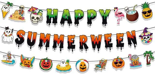 Main image of Halloween Party Decorations for Summer 3 Pack Summer Halloween Banner Happy Summerween Banner Spooky Summer Garland Summerween Party Decorations Hawaiian Beach Pool Halloween Party Supplies
