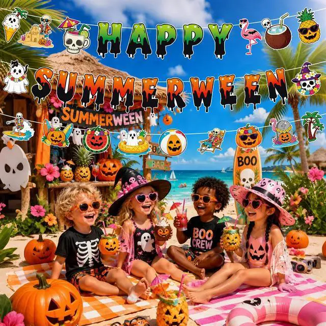 Alt view image 3 of 7 - Halloween Party Decorations for Summer 3 Pack Summer Halloween Banner Happy Summerween Banner Spooky Summer Garland Summerween Party Decorations Hawaiian Beach Pool Halloween Party Supplies