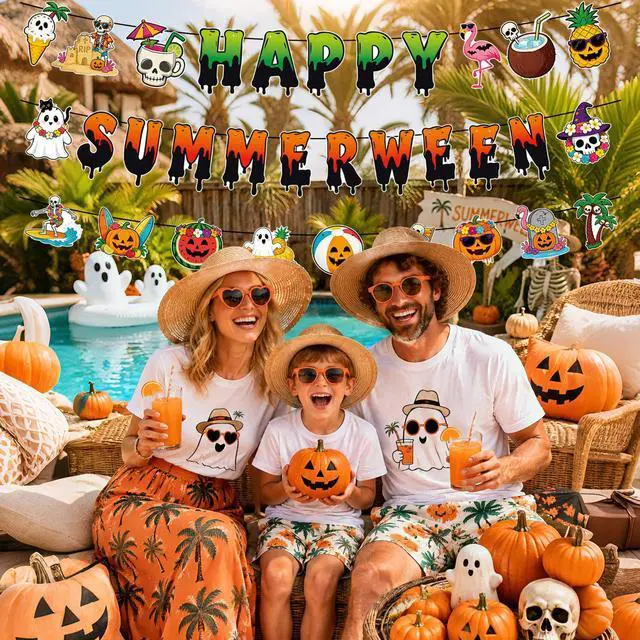 Alt view image 4 of 7 - Halloween Party Decorations for Summer 3 Pack Summer Halloween Banner Happy Summerween Banner Spooky Summer Garland Summerween Party Decorations Hawaiian Beach Pool Halloween Party Supplies