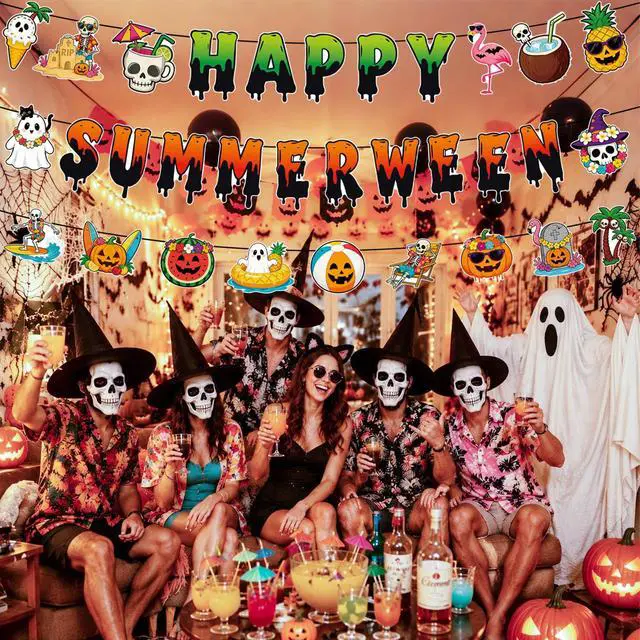 Alt view image 5 of 7 - Halloween Party Decorations for Summer 3 Pack Summer Halloween Banner Happy Summerween Banner Spooky Summer Garland Summerween Party Decorations Hawaiian Beach Pool Halloween Party Supplies