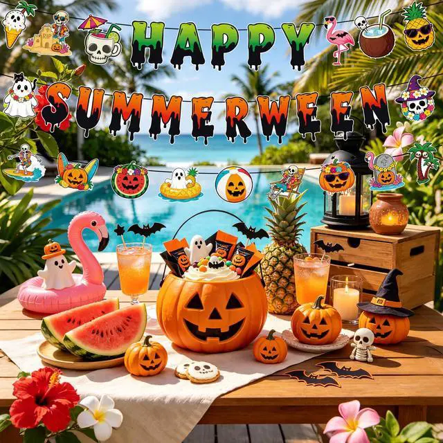 Alt view image 7 of 7 - Halloween Party Decorations for Summer 3 Pack Summer Halloween Banner Happy Summerween Banner Spooky Summer Garland Summerween Party Decorations Hawaiian Beach Pool Halloween Party Supplies