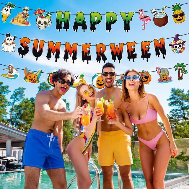 Alt view image 6 of 7 - Halloween Party Decorations for Summer 3 Pack Summer Halloween Banner Happy Summerween Banner Spooky Summer Garland Summerween Party Decorations Hawaiian Beach Pool Halloween Party Supplies