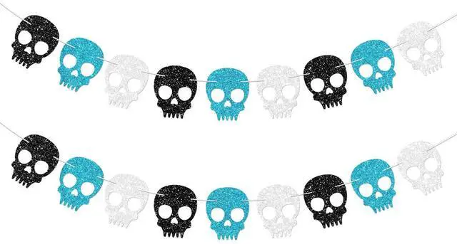 Main image of 2PC Black/Silver/Blue Skull Garland for Halloween Party Decorations Glitter Skull Banner for Boy/Men Gothic Birthday Decorations Supplies