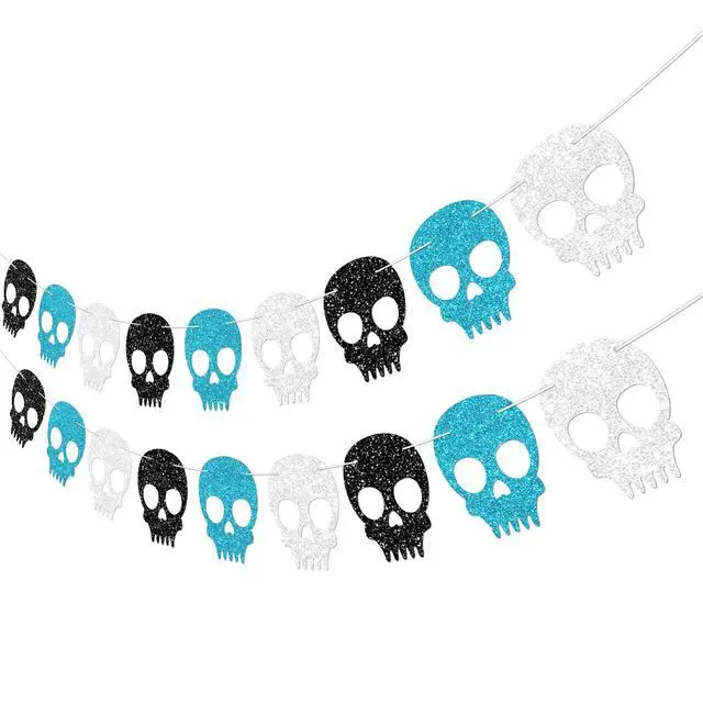 Alt view image 2 of 7 - 2PC Black/Silver/Blue Skull Garland for Halloween Party Decorations Glitter Skull Banner for Boy/Men Gothic Birthday Decorations Supplies