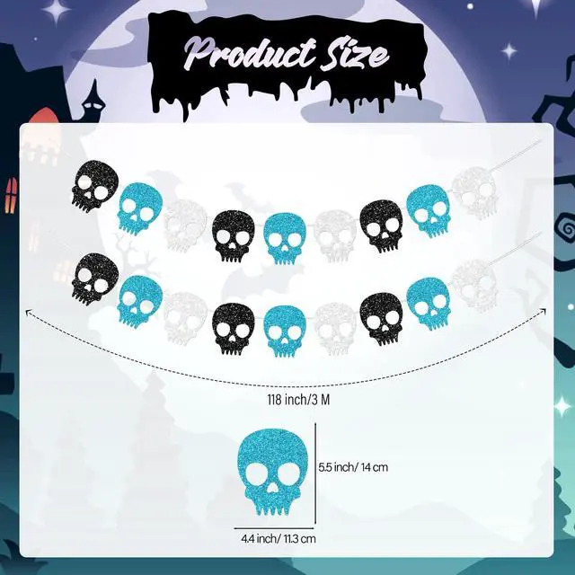 Alt view image 3 of 7 - 2PC Black/Silver/Blue Skull Garland for Halloween Party Decorations Glitter Skull Banner for Boy/Men Gothic Birthday Decorations Supplies