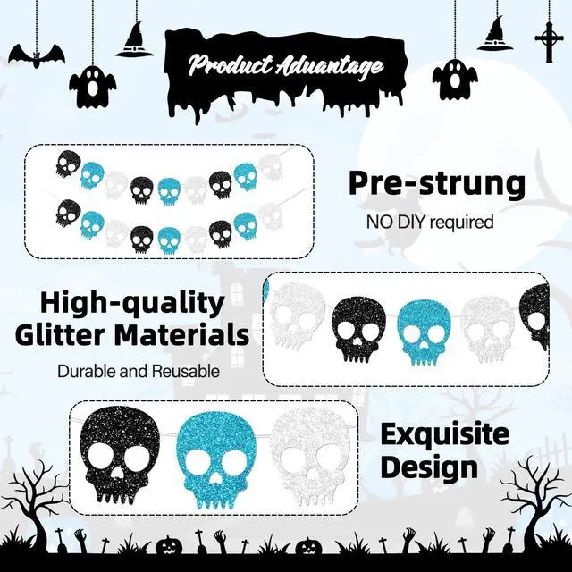 Alt view image 4 of 7 - 2PC Black/Silver/Blue Skull Garland for Halloween Party Decorations Glitter Skull Banner for Boy/Men Gothic Birthday Decorations Supplies