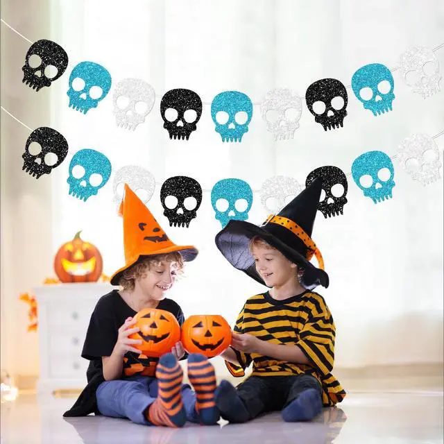 Alt view image 6 of 7 - 2PC Black/Silver/Blue Skull Garland for Halloween Party Decorations Glitter Skull Banner for Boy/Men Gothic Birthday Decorations Supplies