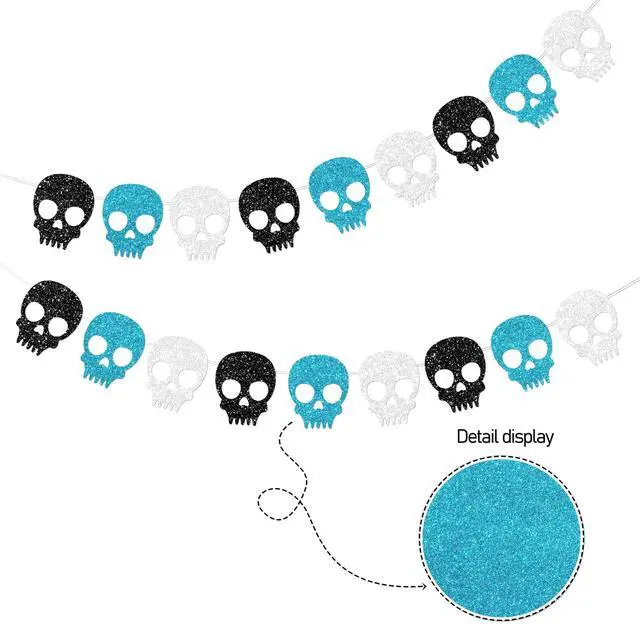 Alt view image 5 of 7 - 2PC Black/Silver/Blue Skull Garland for Halloween Party Decorations Glitter Skull Banner for Boy/Men Gothic Birthday Decorations Supplies