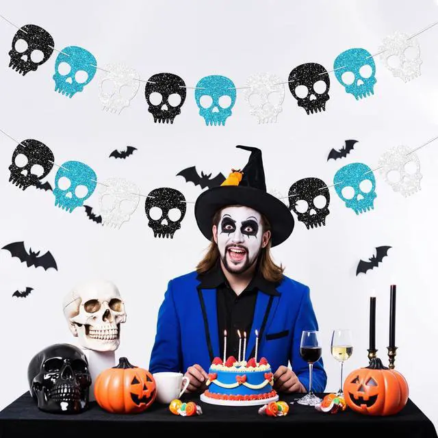 Alt view image 7 of 7 - 2PC Black/Silver/Blue Skull Garland for Halloween Party Decorations Glitter Skull Banner for Boy/Men Gothic Birthday Decorations Supplies