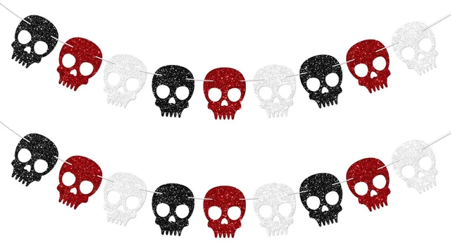 Main image of 2PC Black/Silver/Red Skull Garland for Halloween Party Decorations Glitter Skull Banner for Gothic Birthday Decorations Supplies