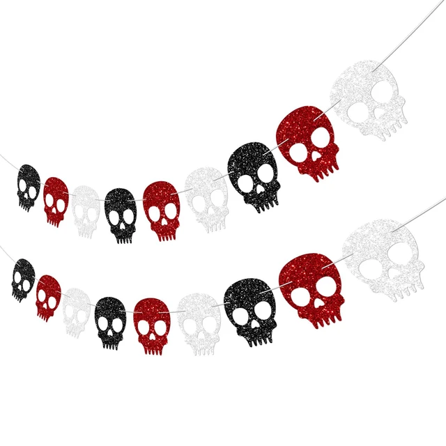 Alt view image 2 of 7 - 2PC Black/Silver/Red Skull Garland for Halloween Party Decorations Glitter Skull Banner for Gothic Birthday Decorations Supplies