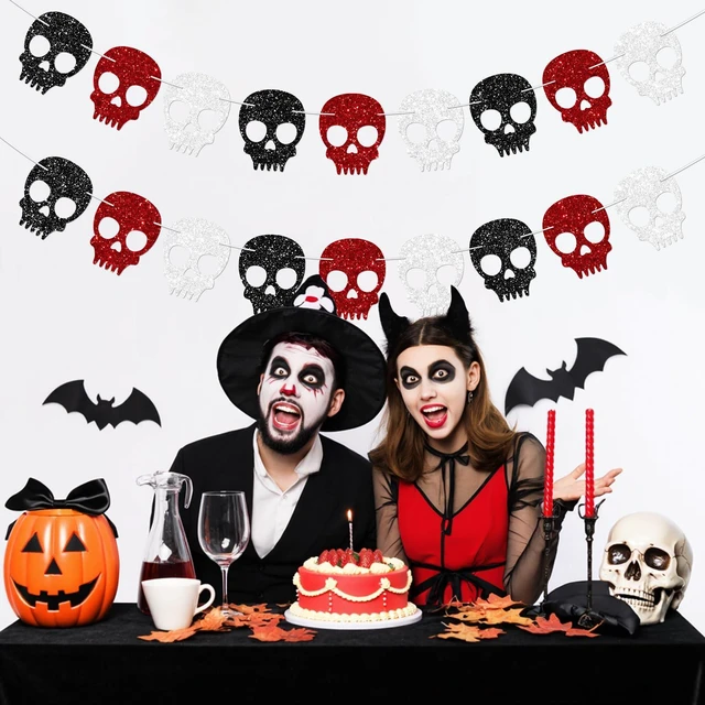 Alt view image 7 of 7 - 2PC Black/Silver/Red Skull Garland for Halloween Party Decorations Glitter Skull Banner for Gothic Birthday Decorations Supplies