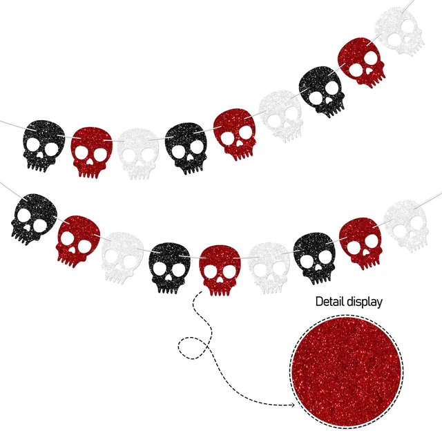 Alt view image 5 of 7 - 2PC Black/Silver/Red Skull Garland for Halloween Party Decorations Glitter Skull Banner for Gothic Birthday Decorations Supplies