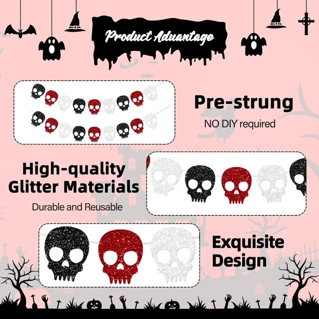 Alt view image 4 of 7 - 2PC Black/Silver/Red Skull Garland for Halloween Party Decorations Glitter Skull Banner for Gothic Birthday Decorations Supplies