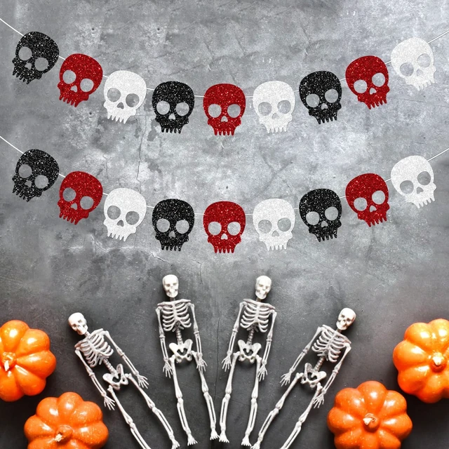 Alt view image 6 of 7 - 2PC Black/Silver/Red Skull Garland for Halloween Party Decorations Glitter Skull Banner for Gothic Birthday Decorations Supplies