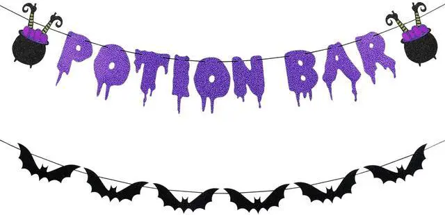 Main image of Glitter Potion Bar Halloween Banner | Black and Purple, Witches Haunted House Theme, Garland Decorations, Hocus Pocus Decor, for Halloween Party Supplies