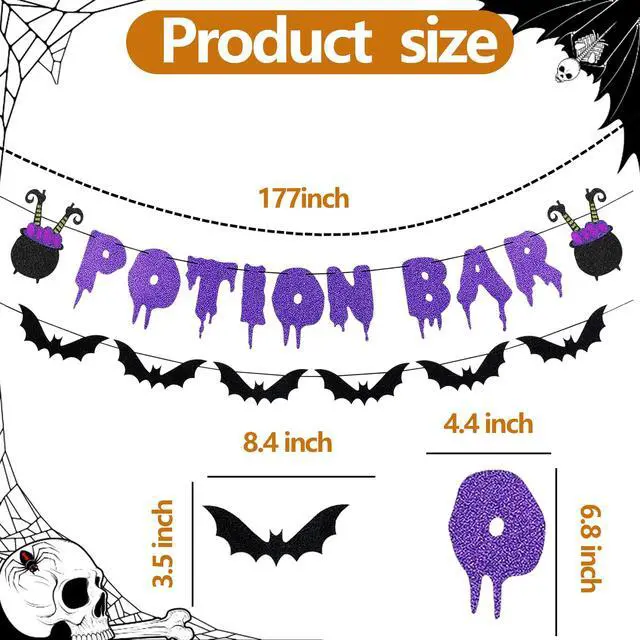 Alt view image 2 of 7 - Glitter Potion Bar Halloween Banner | Black and Purple, Witches Haunted House Theme, Garland Decorations, Hocus Pocus Decor, for Halloween Party Supplies