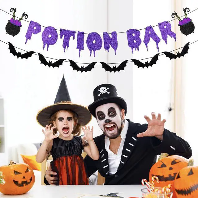 Alt view image 6 of 7 - Glitter Potion Bar Halloween Banner | Black and Purple, Witches Haunted House Theme, Garland Decorations, Hocus Pocus Decor, for Halloween Party Supplies