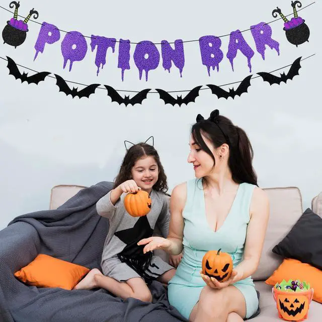 Alt view image 7 of 7 - Glitter Potion Bar Halloween Banner | Black and Purple, Witches Haunted House Theme, Garland Decorations, Hocus Pocus Decor, for Halloween Party Supplies