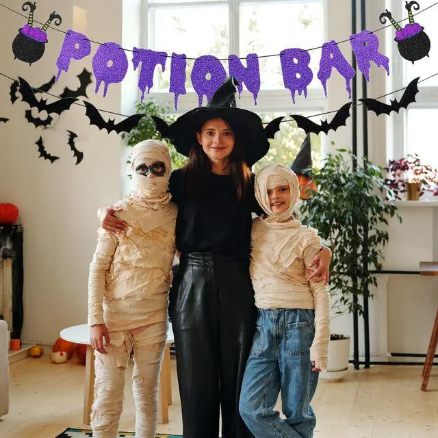 Alt view image 5 of 7 - Glitter Potion Bar Halloween Banner | Black and Purple, Witches Haunted House Theme, Garland Decorations, Hocus Pocus Decor, for Halloween Party Supplies