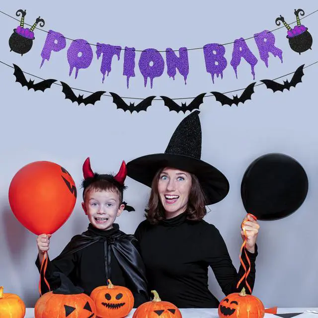 Alt view image 4 of 7 - Glitter Potion Bar Halloween Banner | Black and Purple, Witches Haunted House Theme, Garland Decorations, Hocus Pocus Decor, for Halloween Party Supplies