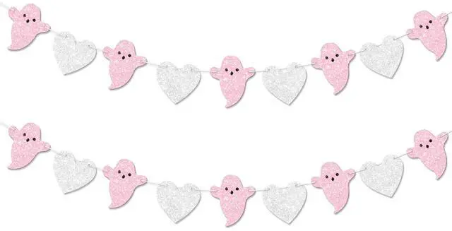 Main image of 2pcs Ghost Garland for Halloween Party Decorations, Pre-Strung Pink Silver Heart Ghost Banner for Halloween Birthday Baby Shower Party Decorations.