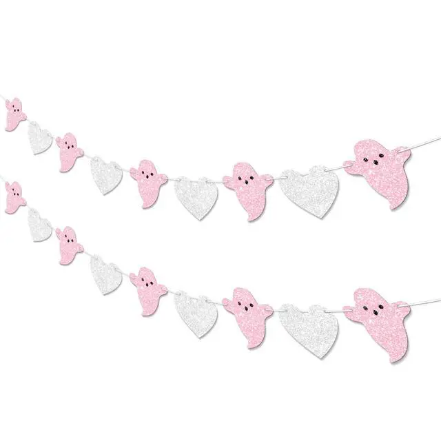 Alt view image 2 of 7 - 2pcs Ghost Garland for Halloween Party Decorations, Pre-Strung Pink Silver Heart Ghost Banner for Halloween Birthday Baby Shower Party Decorations.