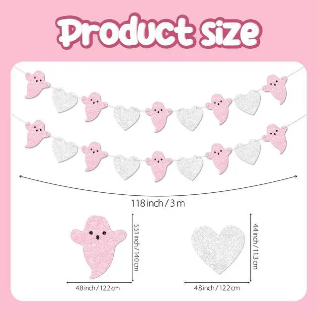 Alt view image 3 of 7 - 2pcs Ghost Garland for Halloween Party Decorations, Pre-Strung Pink Silver Heart Ghost Banner for Halloween Birthday Baby Shower Party Decorations.