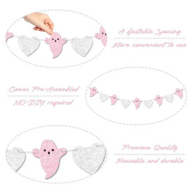 Alt view image 4 of 7 - 2pcs Ghost Garland for Halloween Party Decorations, Pre-Strung Pink Silver Heart Ghost Banner for Halloween Birthday Baby Shower Party Decorations.