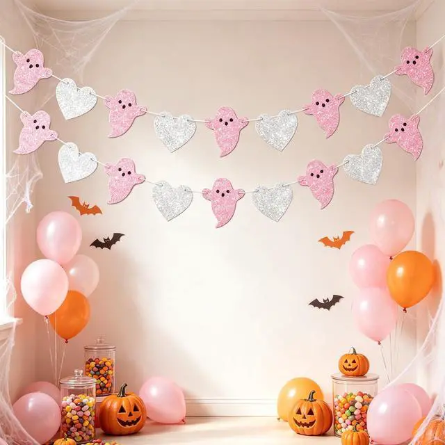 Alt view image 5 of 7 - 2pcs Ghost Garland for Halloween Party Decorations, Pre-Strung Pink Silver Heart Ghost Banner for Halloween Birthday Baby Shower Party Decorations.