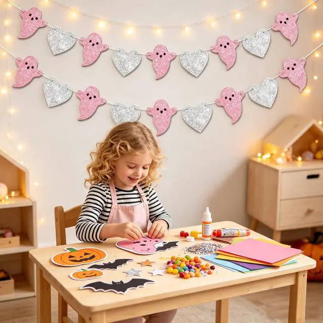 Alt view image 7 of 7 - 2pcs Ghost Garland for Halloween Party Decorations, Pre-Strung Pink Silver Heart Ghost Banner for Halloween Birthday Baby Shower Party Decorations.