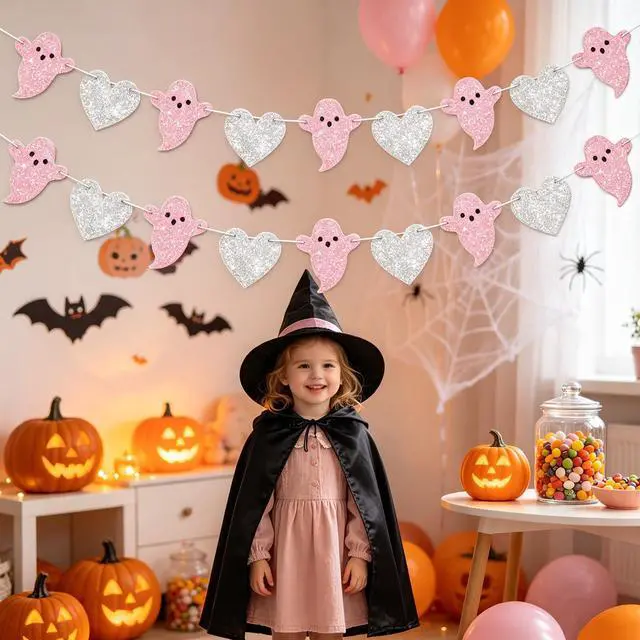 Alt view image 6 of 7 - 2pcs Ghost Garland for Halloween Party Decorations, Pre-Strung Pink Silver Heart Ghost Banner for Halloween Birthday Baby Shower Party Decorations.