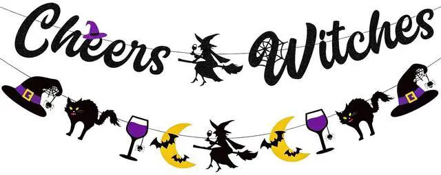 Main image of Cheers Witches Banner Garland, Halloween Decorations for Mantel | Glitter Halloween Banner, Witches Hat Black Cat Moon and Wine Glass Decorations for Witches Party Wall Mantel Fireplace