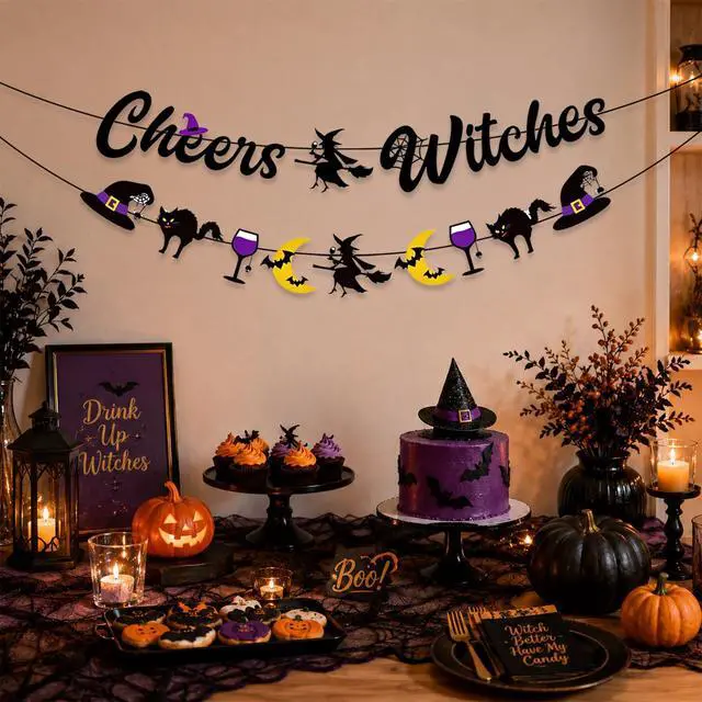 Alt view image 3 of 7 - Cheers Witches Banner Garland, Halloween Decorations for Mantel | Glitter Halloween Banner, Witches Hat Black Cat Moon and Wine Glass Decorations for Witches Party Wall Mantel Fireplace