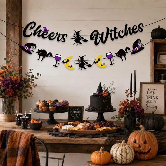 Alt view image 4 of 7 - Cheers Witches Banner Garland, Halloween Decorations for Mantel | Glitter Halloween Banner, Witches Hat Black Cat Moon and Wine Glass Decorations for Witches Party Wall Mantel Fireplace